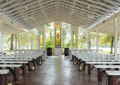Comprehensive view of the chapel alter and seating